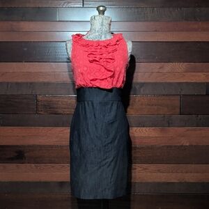 Alyx Coral Red Ruffled Top with Black Denim Pencil Skirt Dress